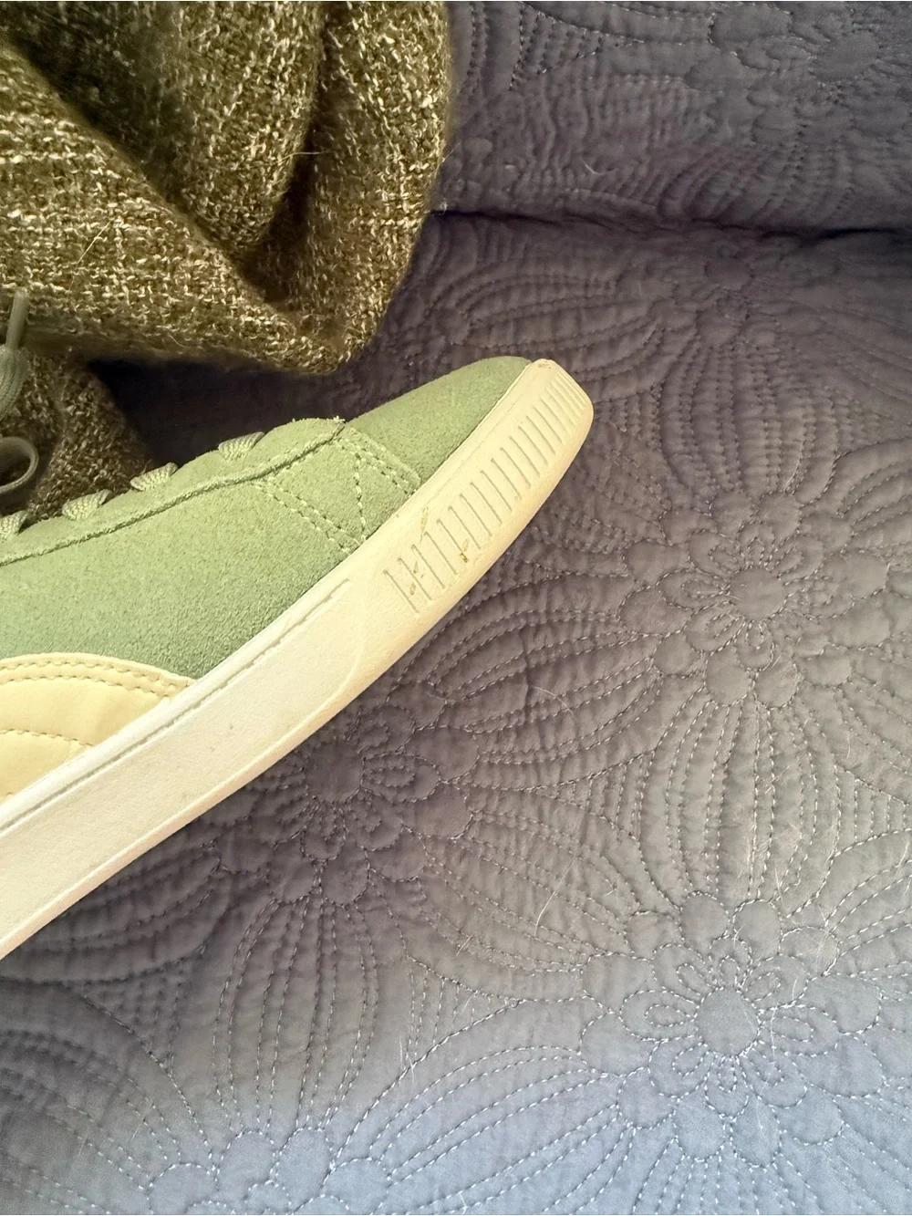Puma Women's Suede Sneaker in Sage Green with White Stripe